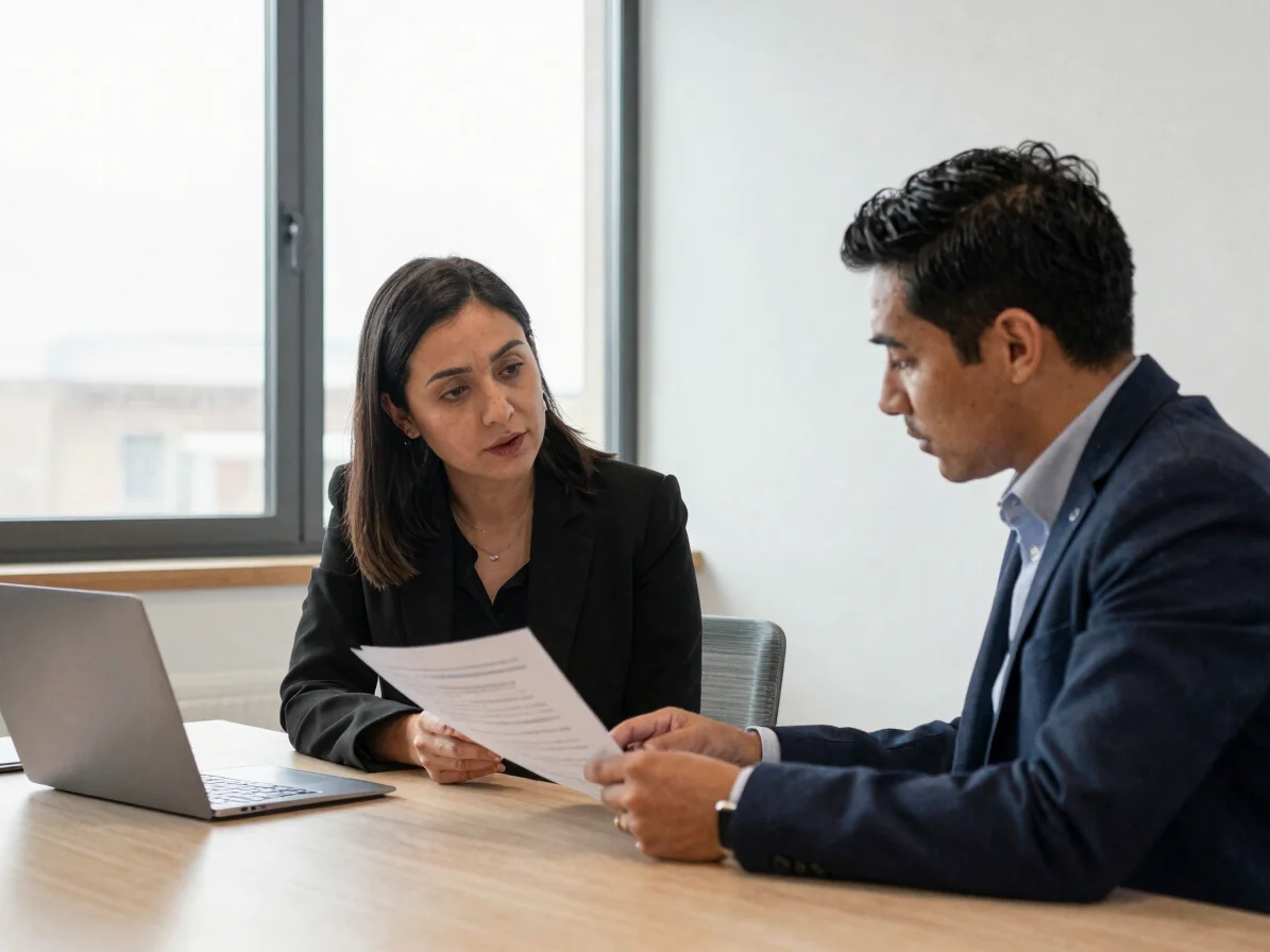 Natural-light editorial photograph of two colleagues reviewing a