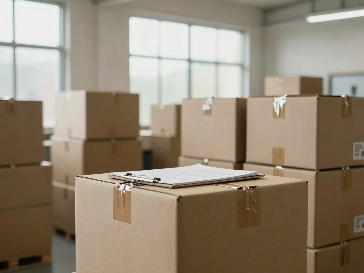 Natural-light editorial photograph of neatly stacked cardboard sh
