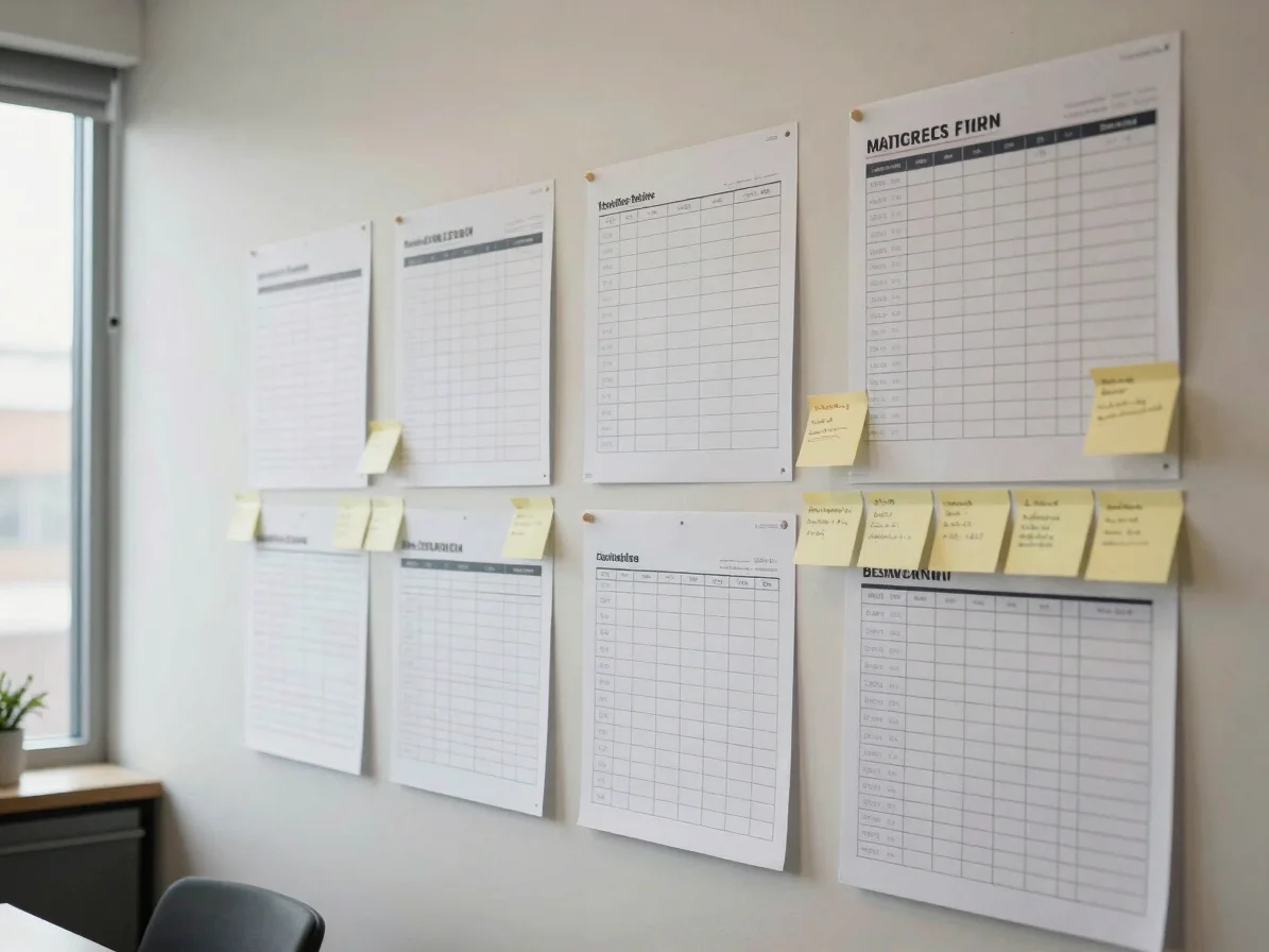 Natural-light editorial photograph of a project planning wall wit